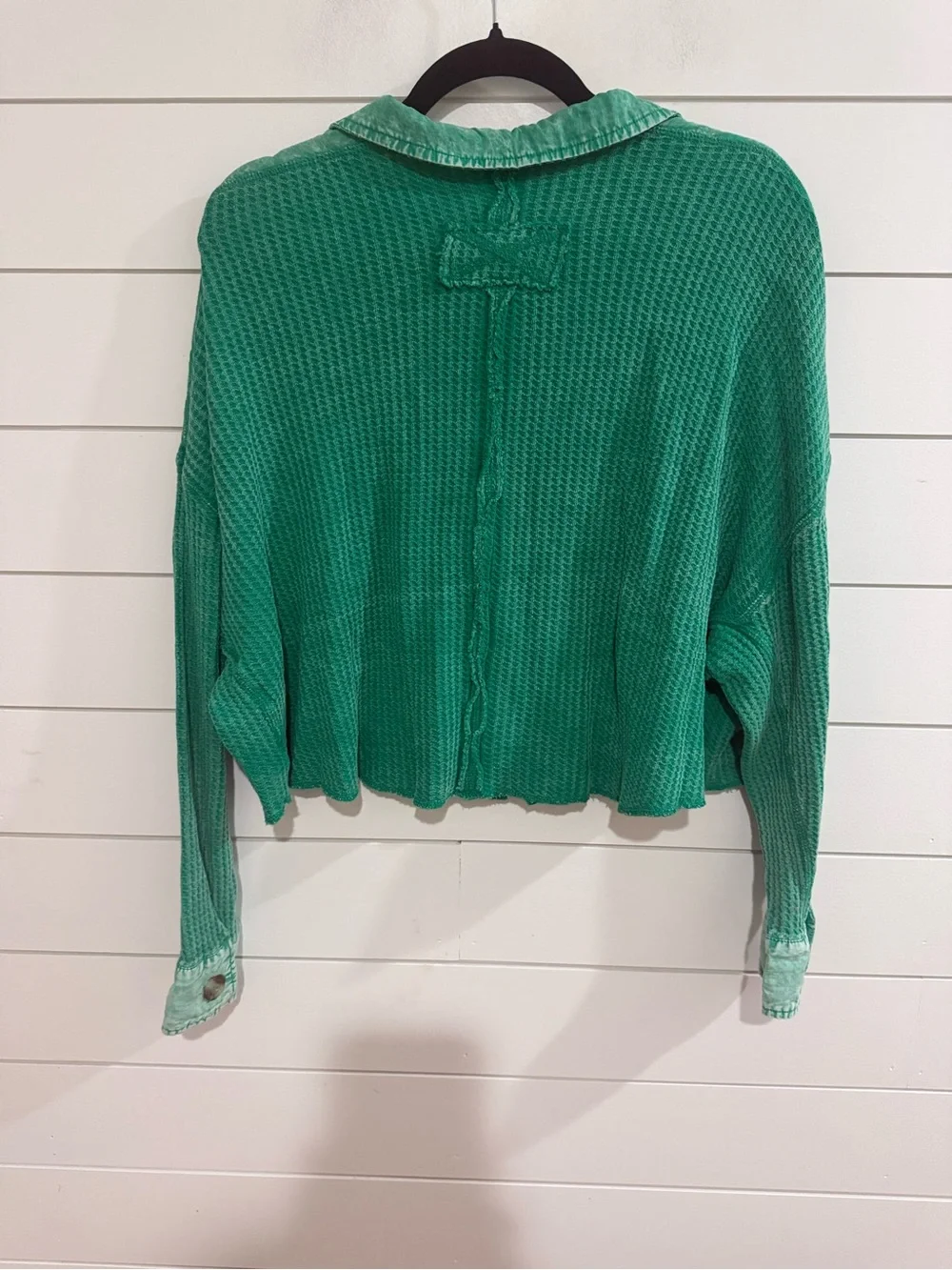 Zenana Outfitters Green Waffle Knit Cropped Button-Up Jacket